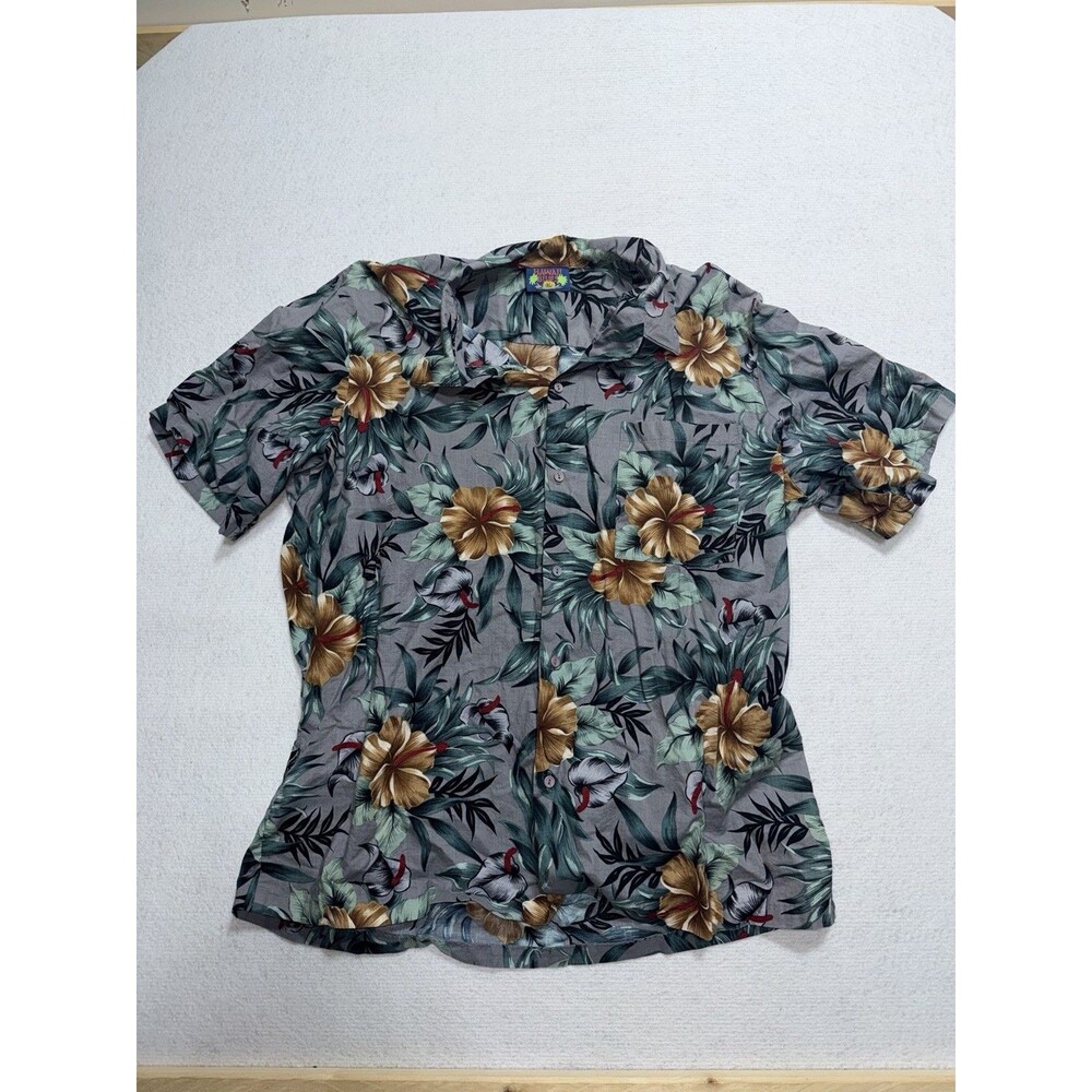 Hawaii Blues Mens XL Hawaiian Shirt Floral Hibiscus Gray Short Sleeve Cotton